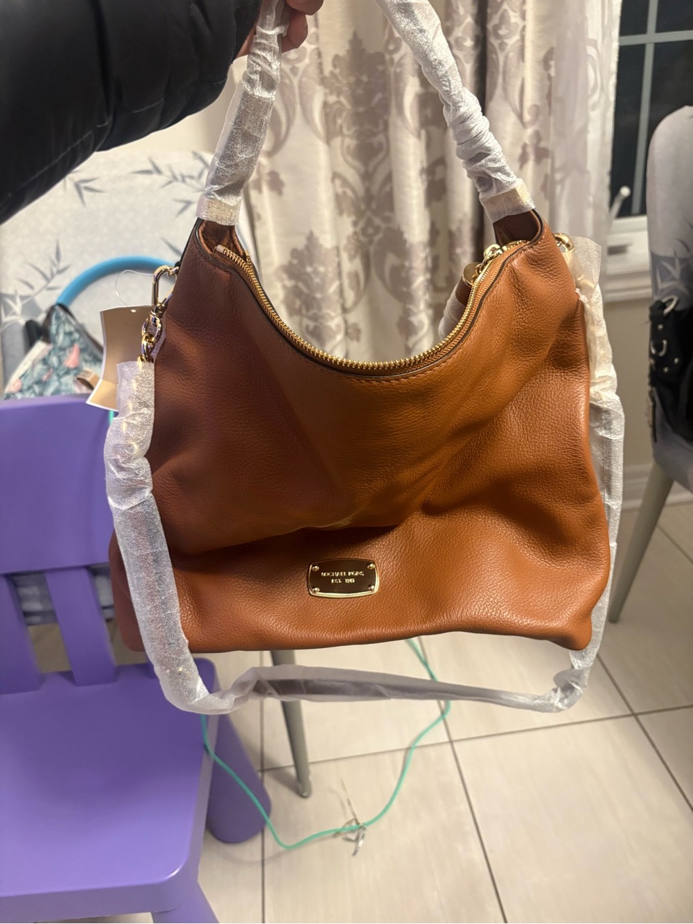 Michael Kors Chestnut Brown Pebbled Leather Shoulder Bag with Gold Plaque